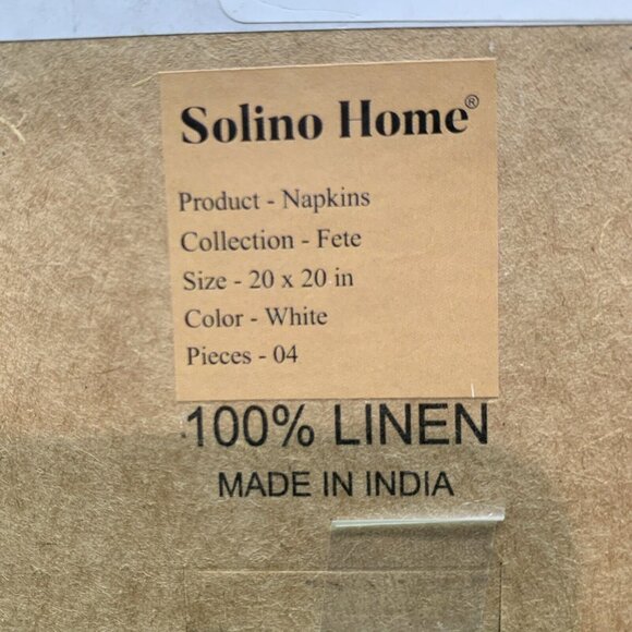 Solino Home Solid White Linen Napkins Set of 4 20 x 20 NWT 9177 - Picture 3 of 3